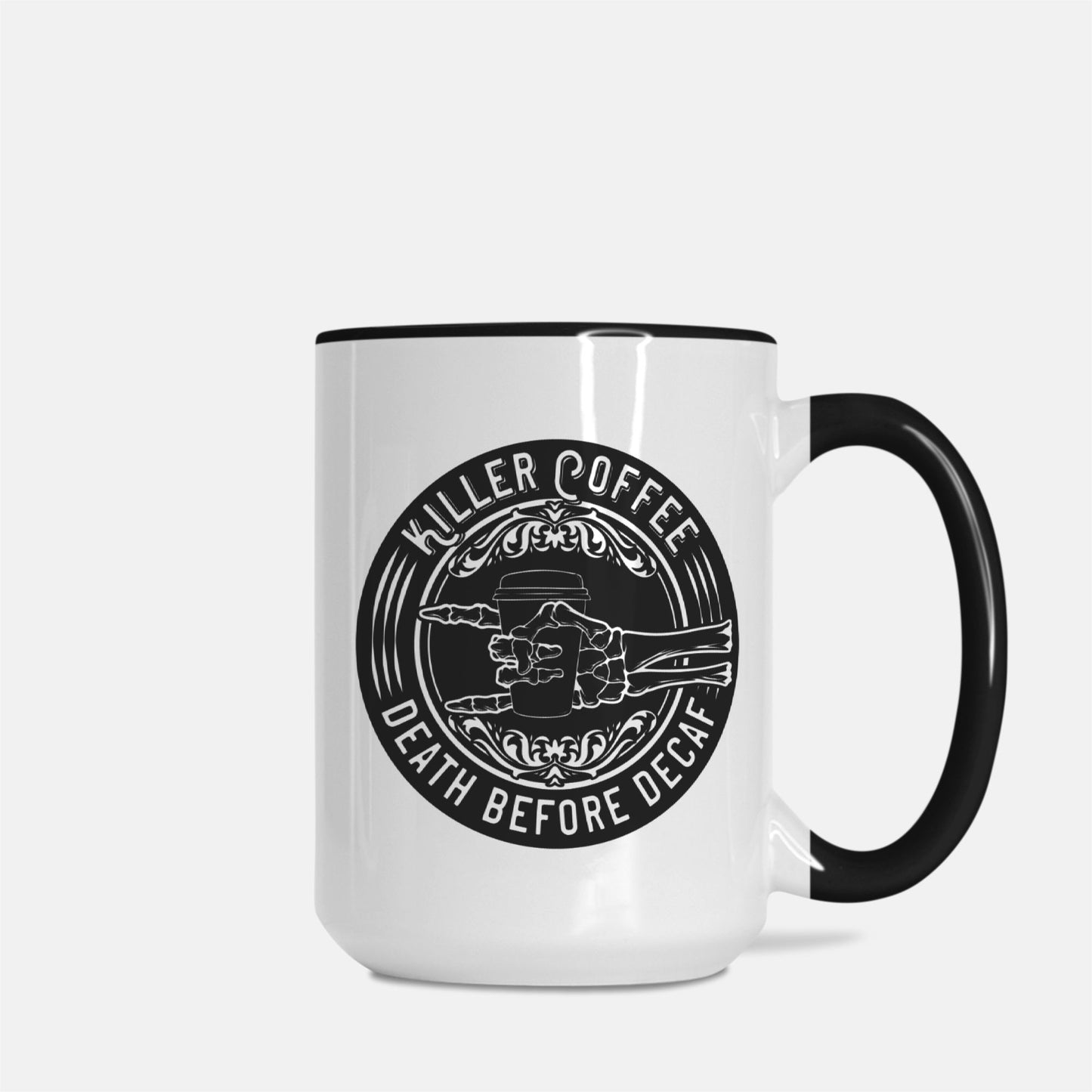 Killer Coffee Death Before Decaf 15oz Deluxe Mug Deluxe (Black + White)