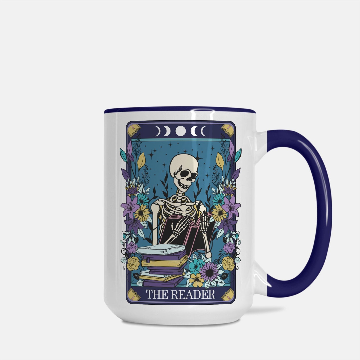 The Reader Deluxe 15 oz. Tarot Card Mug (Dark Blue + White)