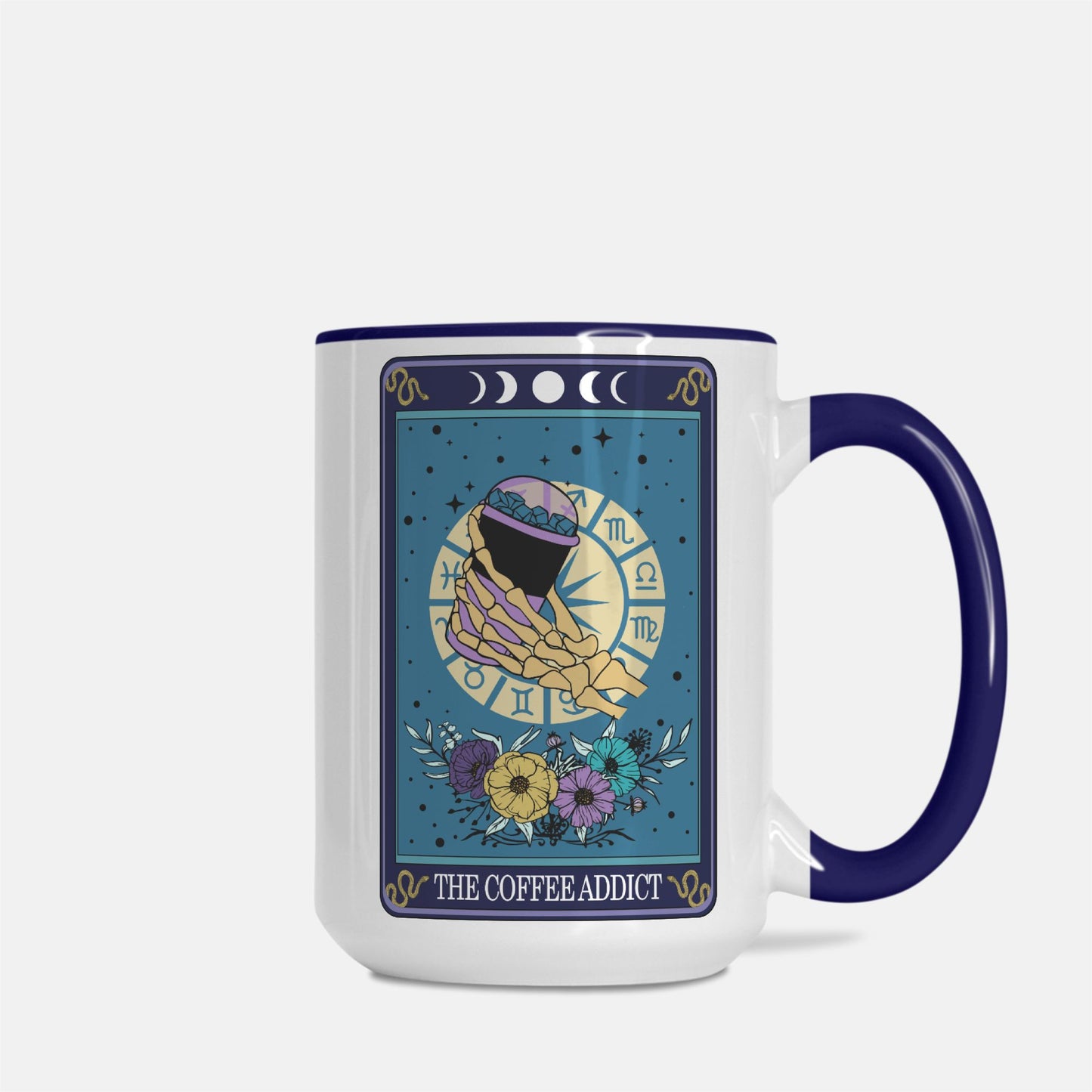 The Coffee Addict Deluxe 15 oz. Tarot Card Mug (Dark Blue + White)