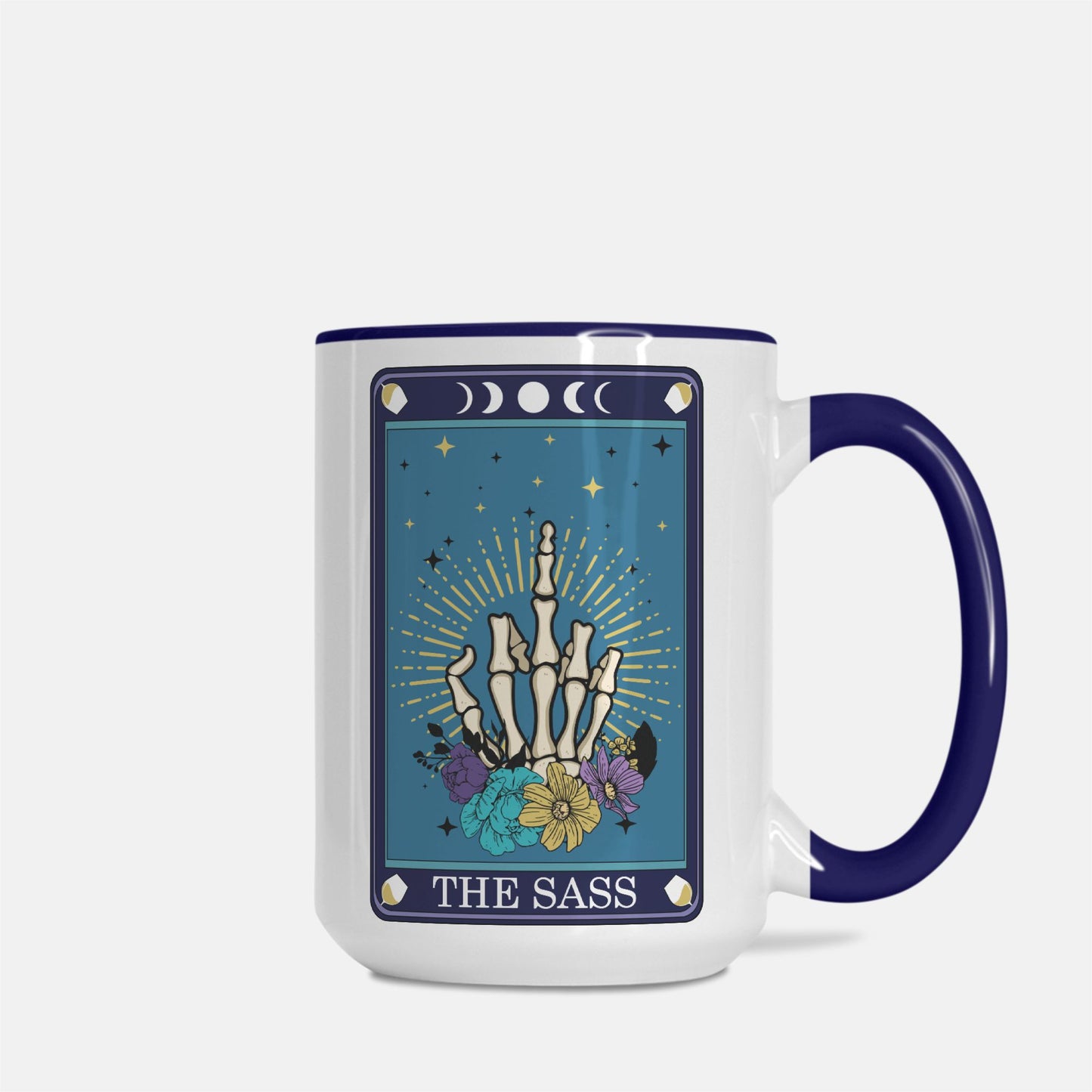 The Sass Deluxe 15 oz. Tarot Card Mug (Dark Blue + White)