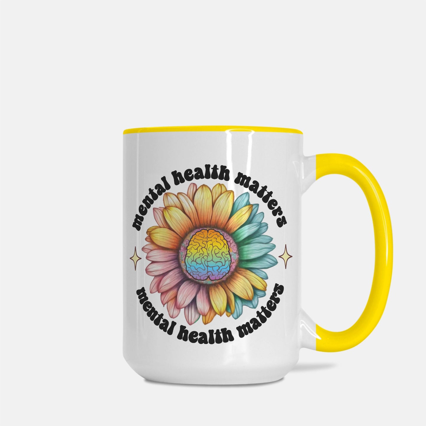 Mental Health Matters Deluxe 15oz. Mug (Yellow + White)