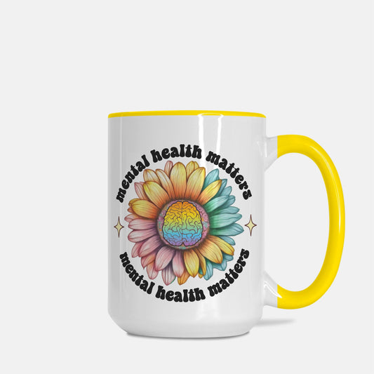 Mental Health Matters Deluxe 15oz. Mug (Yellow + White)