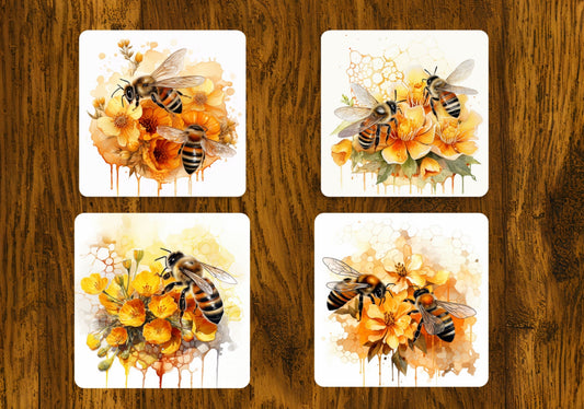 Busy Bee's Coaster Set of 4- Hardboard Back (Square)