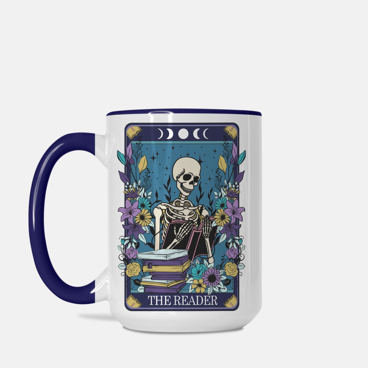 The Reader Deluxe 15 oz. Tarot Card Mug (Dark Blue + White)