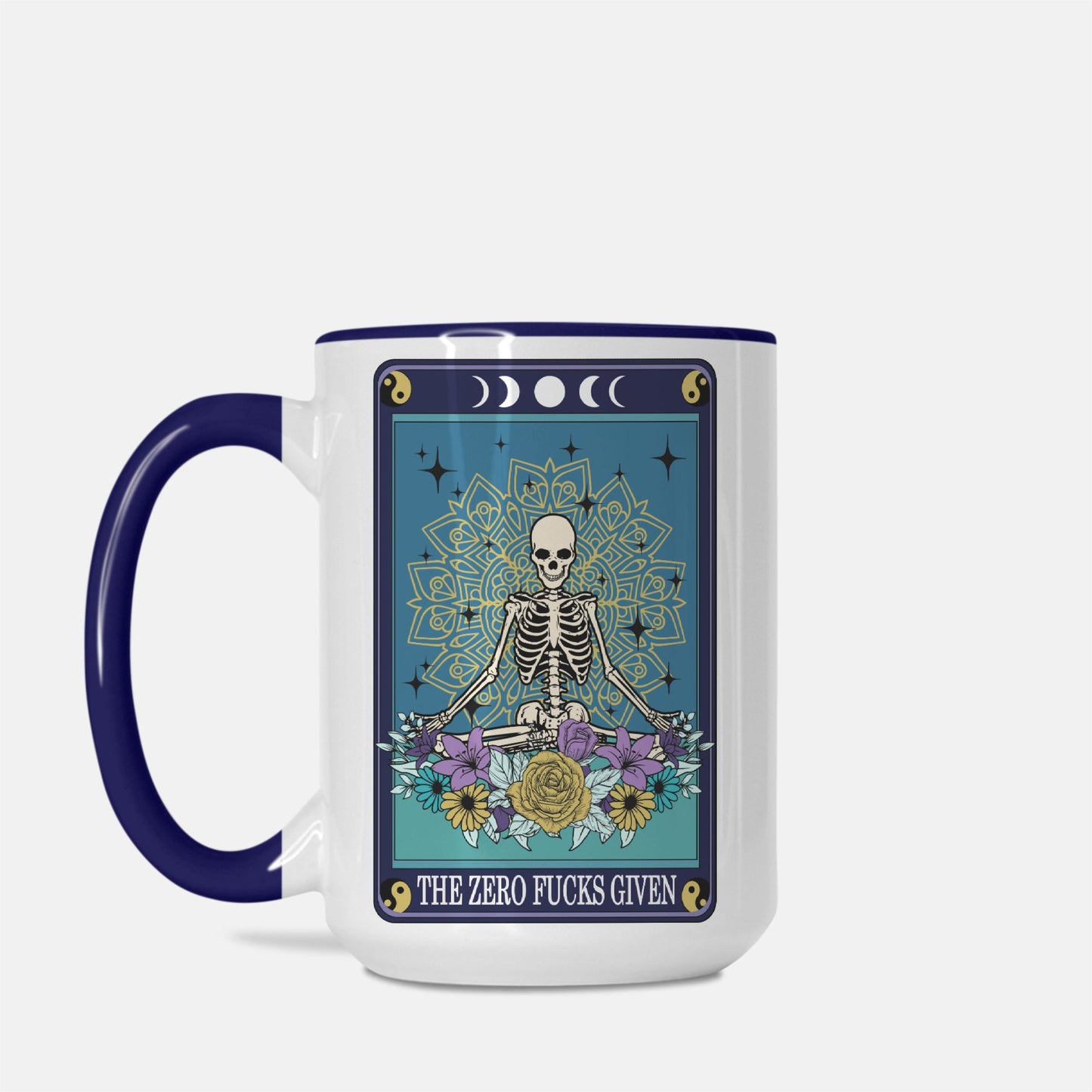 The Zero F*cks Given Deluxe 15 oz. Tarot Card Mug (Dark Blue + White)