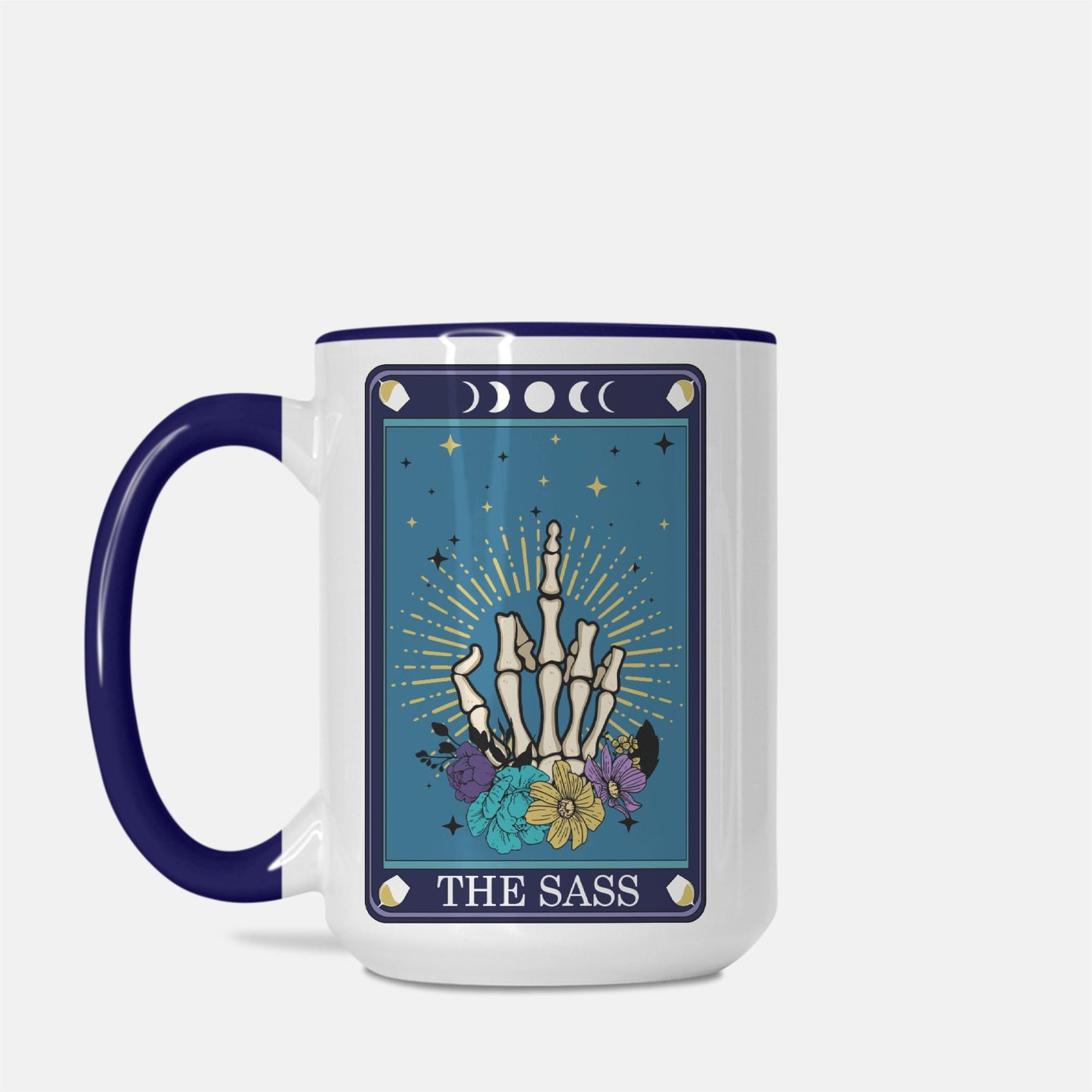 The Sass Deluxe 15 oz. Tarot Card Mug (Dark Blue + White)