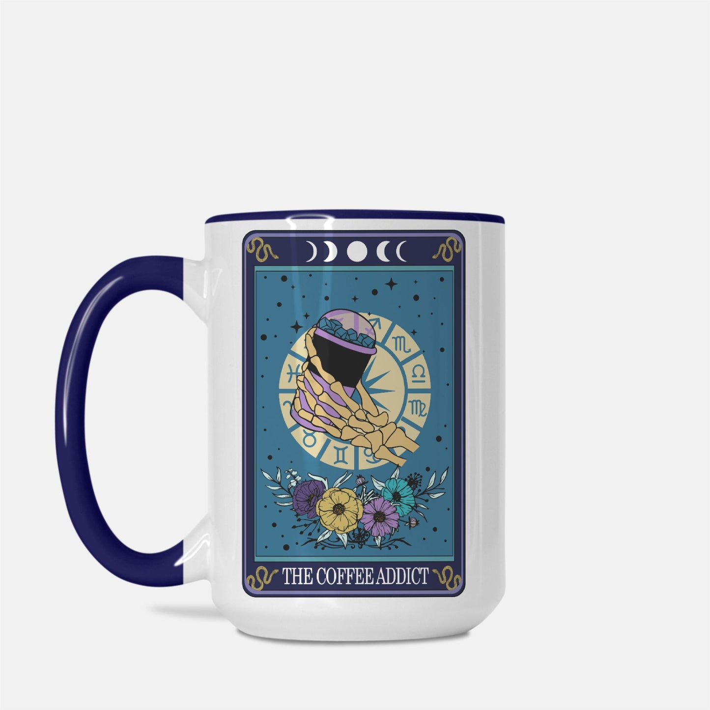 The Coffee Addict Deluxe 15 oz. Tarot Card Mug (Dark Blue + White)