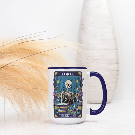 The Reader Deluxe 15 oz. Tarot Card Mug (Dark Blue + White)