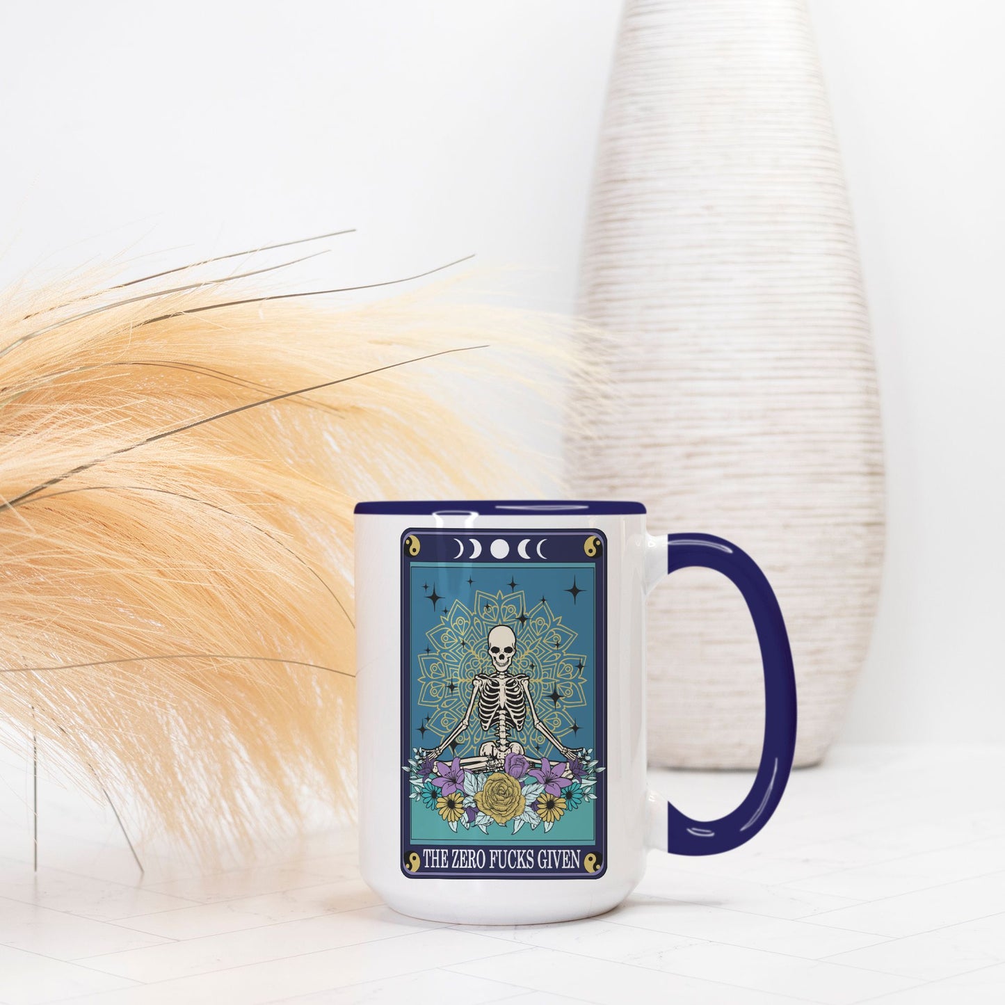 The Zero F*cks Given Deluxe 15 oz. Tarot Card Mug (Dark Blue + White)