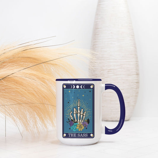 The Sass Deluxe 15 oz. Tarot Card Mug (Dark Blue + White)