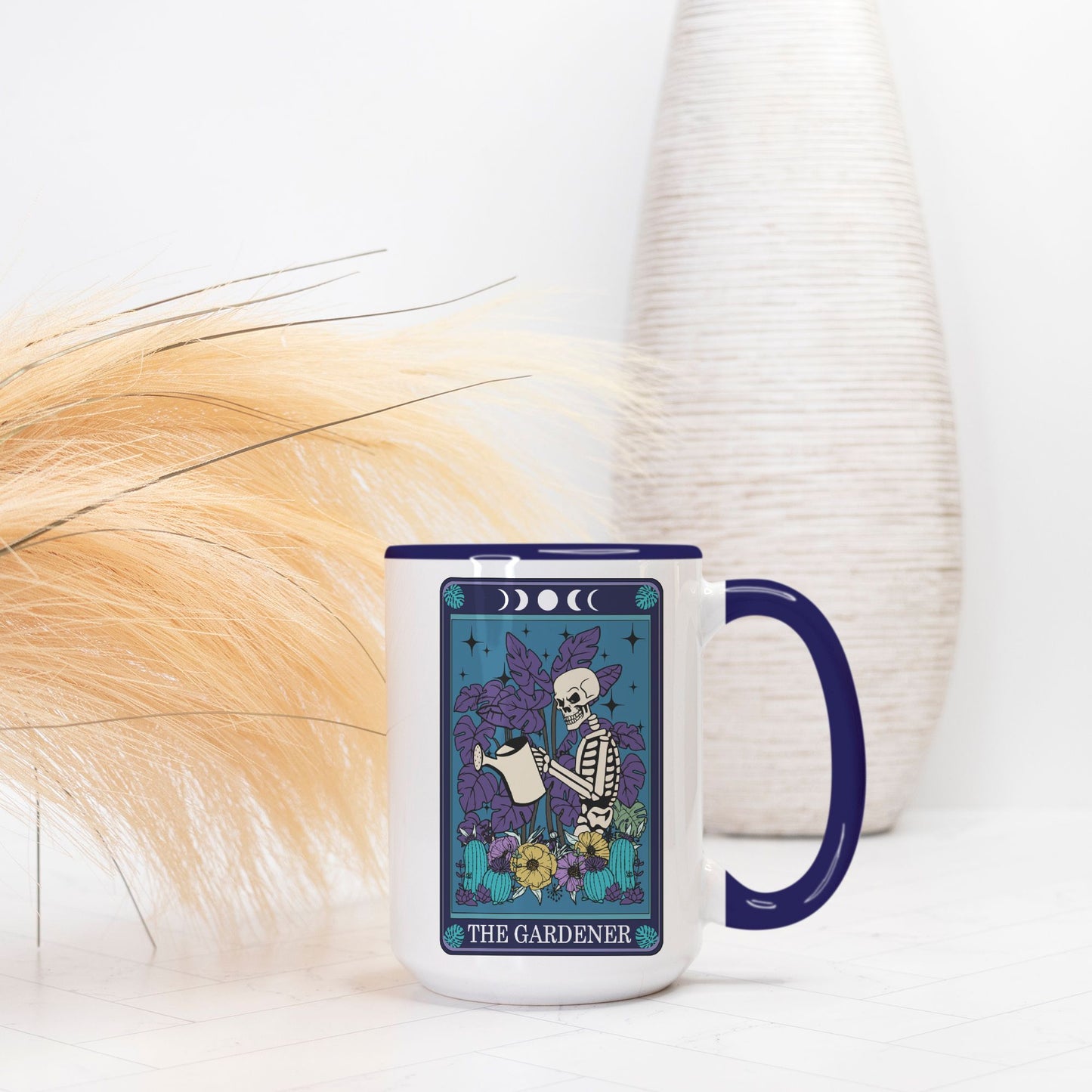 The Gardner Deluxe 15 oz. Tarot Card Mug (Dark Blue + White)