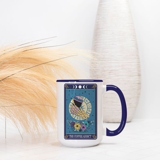 The Coffee Addict Deluxe 15 oz. Tarot Card Mug (Dark Blue + White)