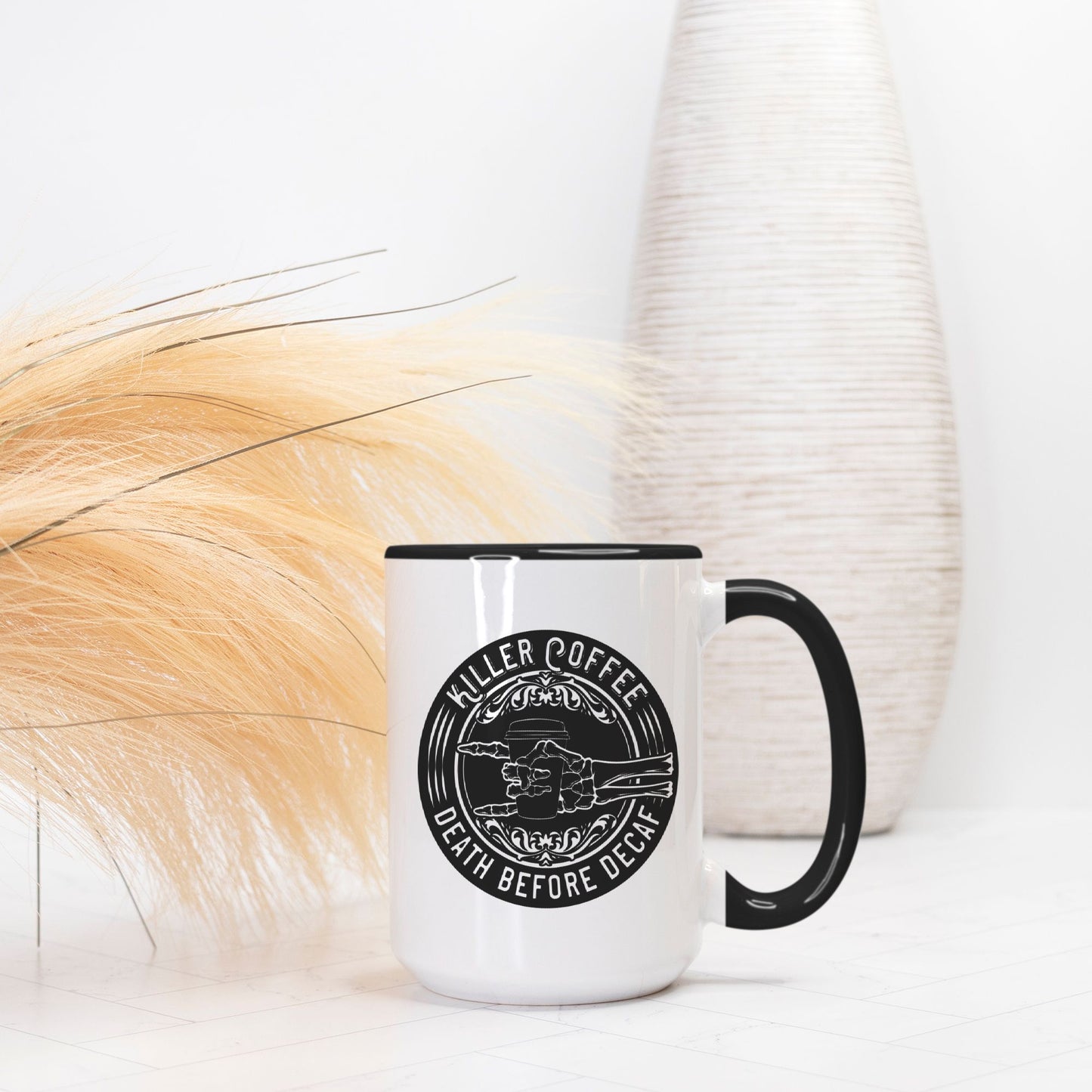 Killer Coffee Death Before Decaf 15oz Deluxe Mug Deluxe (Black + White)