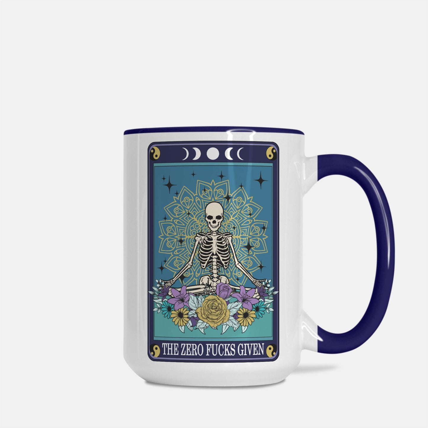 The Zero F*cks Given Deluxe 15 oz. Tarot Card Mug (Dark Blue + White)