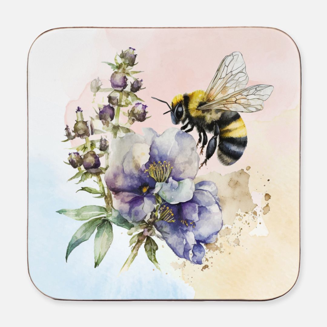 Watercolor Bumble Bee 4pk Coaster set Hardboard Back (Square)